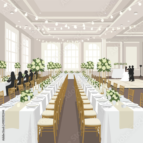 Elegant wedding reception hall with decorated banquet tables and dancing couple