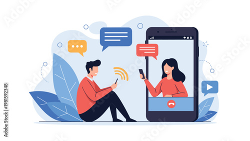 Young man sitting on the floor using his smartphone to have a video call with a smiling woman on a large screen device.