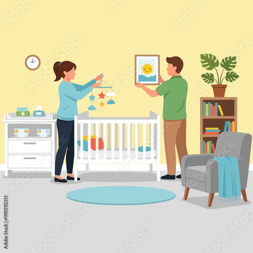 Couple preparing a nursery, hanging a mobile and picture over a white baby crib