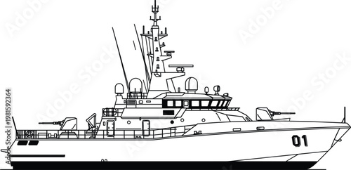 ship, boat, naval, military, patrol, vessel, vector, illustration, navy, coast, guard, maritime, defense, security, ocean, sea, weapon, radar, technical, blueprint, line, art, warship, cruiser, destro