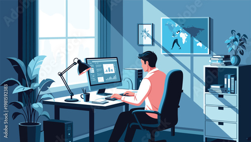 Professional man working at his computer in a well-organized home office with plants, books, and natural light coming in.