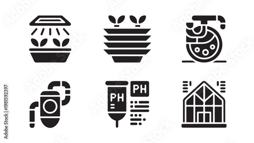 Greenhouse Agriculture Icons Set for Smart Farming Gardening and pH Level Soil Measurement