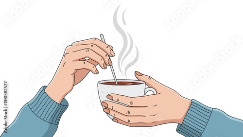 Close up of hands holding a warm steaming cup of coffee or tea while stirring it gently with a spoon during a break.