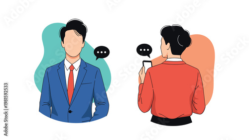 Front and back view of professional people in business attire with communication icons representing dialogue and networking.