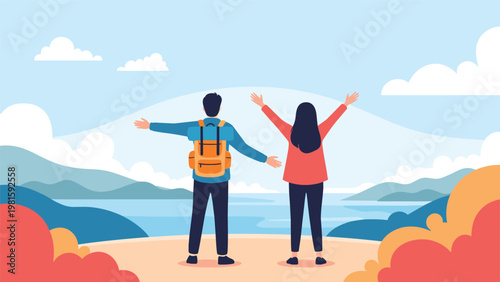 Adventurous young couple standing at a viewpoint with backpacks while enjoying a beautiful mountain and lake landscape.