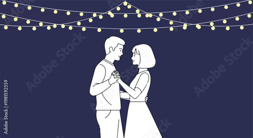 Line art illustration of a romantic couple dancing under glowing string lights