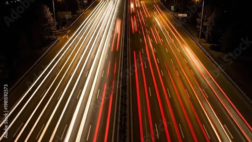 Long exposure light trails on a busy highway at night, showcasing urban movement and speed.