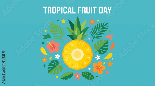 Illustration of a yellow tropical pineapple with flowers and leaves and the words "tropical fruit day"