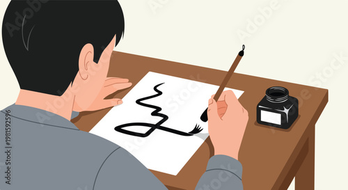 Man practicing traditional ink calligraphy on white paper at a wooden desk setup