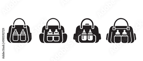 Set of stylized baby diaper bags with bottle holders and handles, isolated on white background. Vector icons.