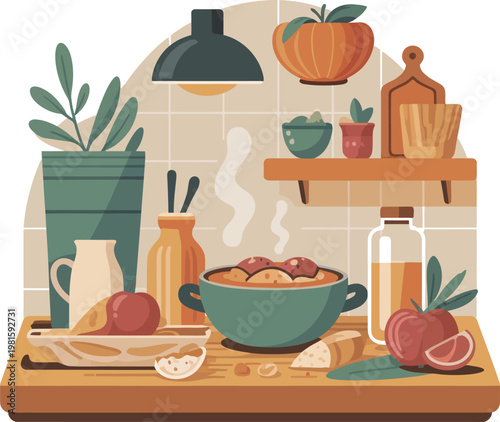 A kitchen counter with a bowl of food and various items