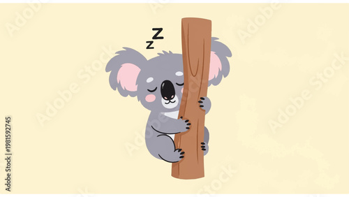 Cute Koala Sleeping on Tree Trunk.