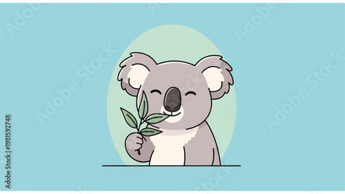 Cute Koala Holding Eucalyptus Leaf.