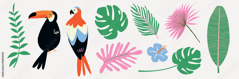 Fototapeta premium Colorful tropical birds and leaves illustration. Features vibrant birds, lush leaves, and tropical plants. Perfect for tropical-themed designs and decor. Animal illustrations, isolated vector set.