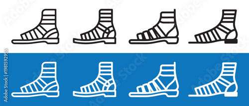 Collection of Gladiator Sandals Line Art Icons. Ancient Roman Footwear Vector Set on White and Blue Backgrounds.