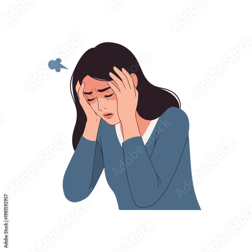 Stressed woman clutching her head in frustration, feeling overwhelmed and upset