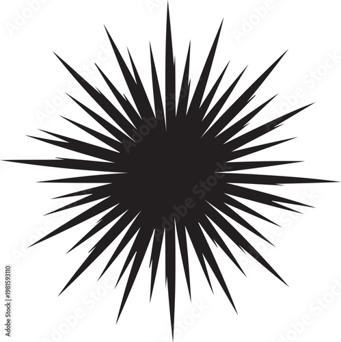 Black explosion burst, dynamic spiky star, vector graphic element, abstract design symbol
