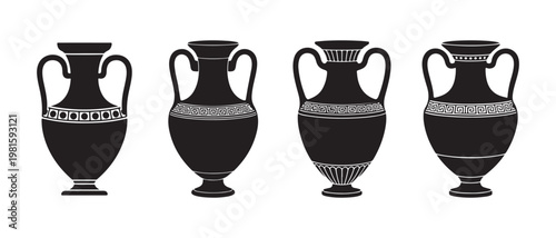 Ancient Greek Amphorae Silhouette. Collection with Decorative Patterns, Isolated on White Background.