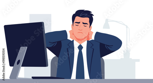 Stressed businessman in suit at desk feeling neck pain while working hard today