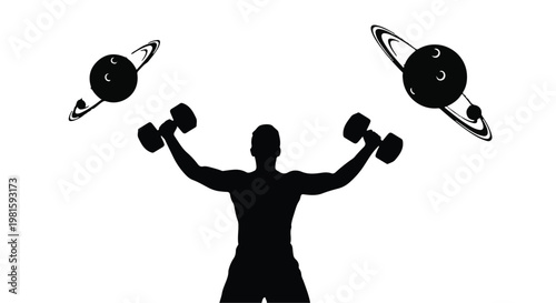 Silhouette of a person lifting weights with planets in the background, symbolizing cosmic strength and ambition.