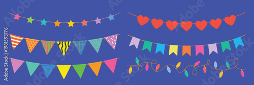 Colorful bunting banners with stars, hearts, and flags. Vibrant banners with various shapes. Decorative bunting for parties and celebrations. Festive designs. Party illustrations, vector set.