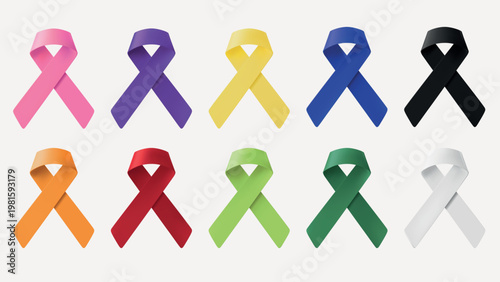 Colorful awareness ribbons in pink, purple, yellow, blue, black, orange, red, green, and white. Each ribbon represents different causes and awareness campaigns. Awareness ribbons, element vector set.