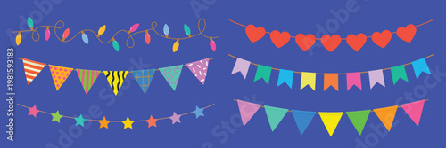 Colorful festive garlands with lights, hearts, stars, and flags. Bright garlands for celebrations. Decorative garlands for parties and events. Party illustrations, isolated element vector set.
