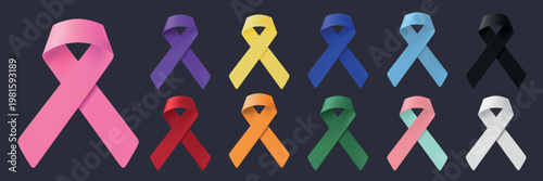 Colorful awareness ribbons in various shades: pink, purple, yellow, orange, blue, black, red, green, light blue, white. Symbols of support and awareness. Awareness ribbons, isolated vector set.