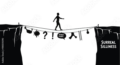 Silhouette of a person bravely walking a tightrope across a chasm, adorned with symbolic objects.