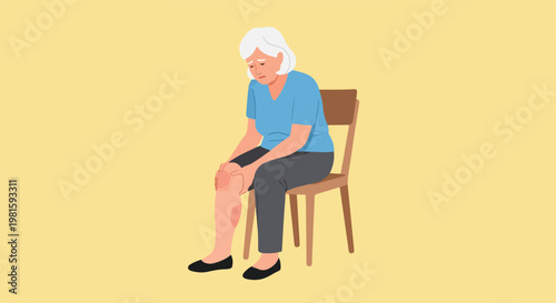 Elderly woman sitting on a wooden chair holding her painful knee and looking sad