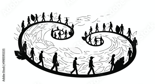Silhouettes of people walking in a continuous spiral, representing life's journey and interconnectedness.