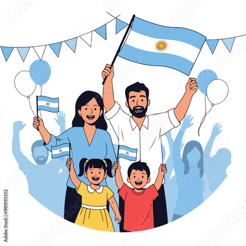 Argentine family celebrating national day with flags, balloons and blue bunting