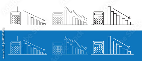 Financial Decline Vector Icons. Calculators and Decreasing Bar Charts Illustrating Economic Downturn and Market Statistics.