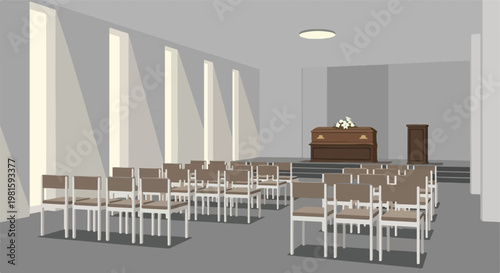 Funeral hall with wooden coffin, white flowers, podium and light through windows