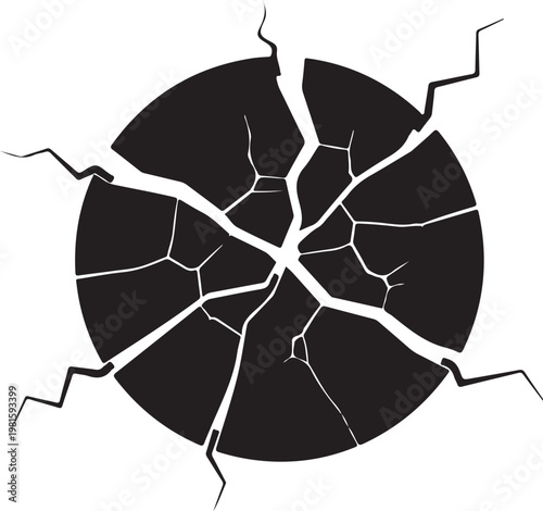 Cracked, broken, shattered circle, black silhouette, vector graphic