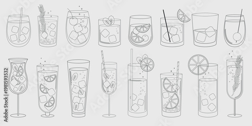 Illustration of various cocktail glasses with ice, citrus slices, and straws. Different cocktail designs in line art style on a light background. Party illustrations, isolated element vector set.