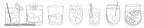Line art of various cocktail glasses. Each glass features different garnishes like lemon, mint, and rosemary. Simple cocktail illustrations in black and white. Party illustrations, element vector set.