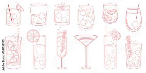 Illustration of various cocktail glasses with ice and garnishes. Different cocktail glasses, each with unique garnishes and ice, in a simple line art style. Party illustrations, element vector set.