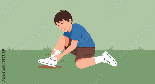 Injured young boy in blue shirt clutching bandaged ankle while sitting on grass