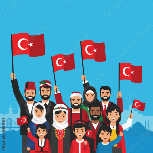 Diverse people in traditional dress waving Turkish flags before Istanbul skyline