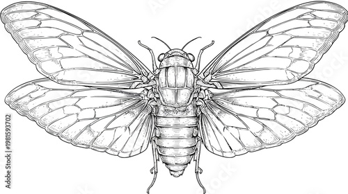 Detailed illustration of a cicada with its wings fully extended, set against white