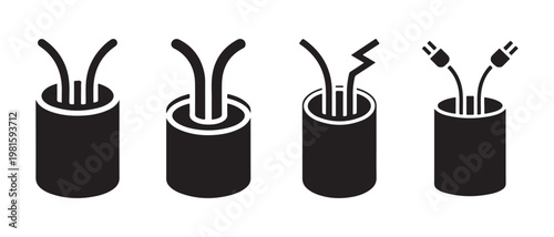 Electrical Cable and Wiring Icons. Connection, Disconnection, Power Plugs, and Fault Symbol.