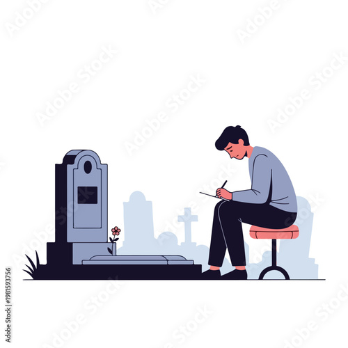 A grieving man sits on a stool writing in a notebook near a grave in a cemetery