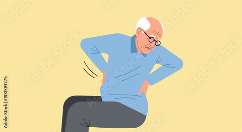 Senior man with glasses in blue shirt clutching his painful lower back, vector