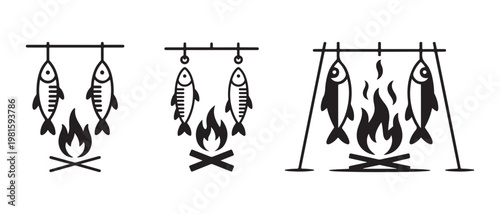 Set of Fish Cooking Over an Open Campfire for Outdoor Activity Designs.