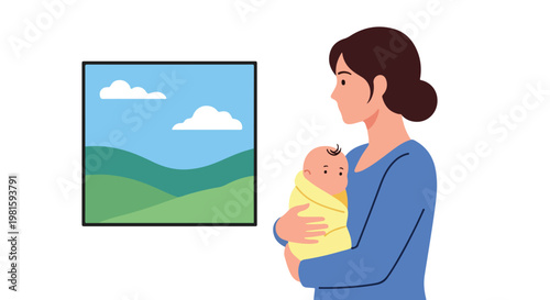 Flat illustration of mother holding her swaddled baby beside the landscape frame