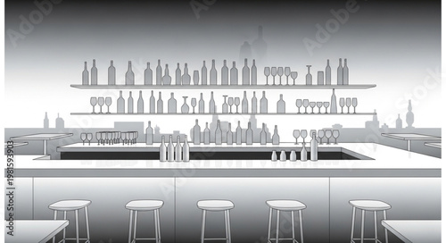 Monochrome Bar Scene - Stools, Counter, and Shelves with Bottles.