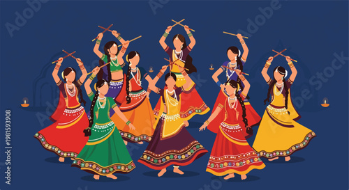 Colorful group of Indian women dancing traditional Dandiya with sticks at night