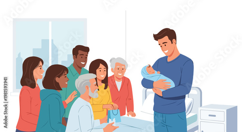 Family and friends visit happy father holding his newborn baby in hospital room