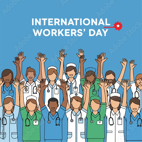 Diverse healthcare workers raising hands for International Workers' Day tribute